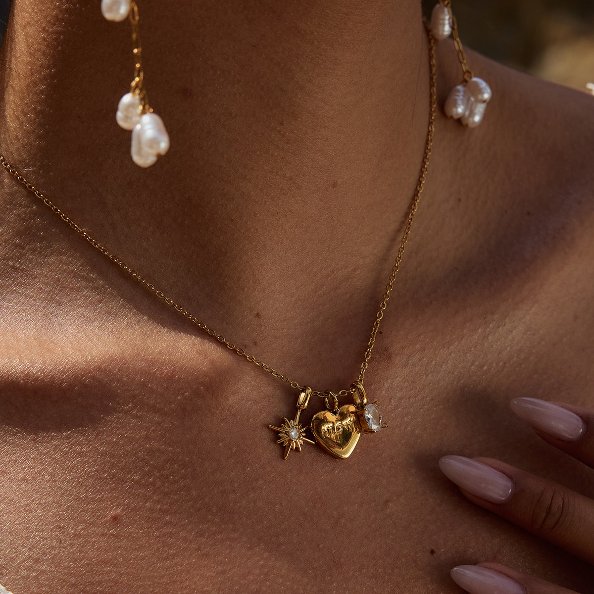 Gold Sun, Heart & Crystal Pendants